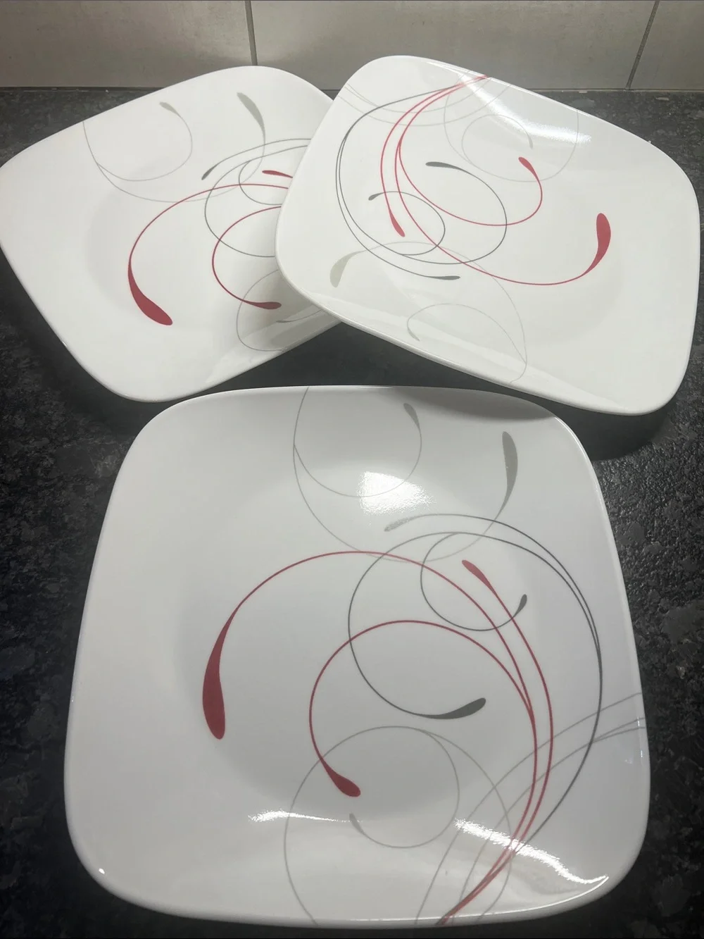 Corelle Splendor Square White Dinner Plates with Red & Gray Swirl Accent